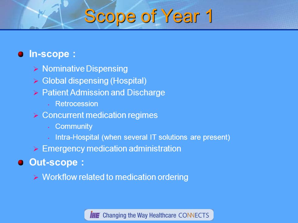 Scope of Year 1 In-scope : Nominative Dispensing Global dispensing (Hospital) Patient Admission and Discharge Retrocession Concurrent medication regimes Community Intra-Hospital (when several IT solutions are present) Emergency medication administration Out-scope : Workflow related to medication ordering