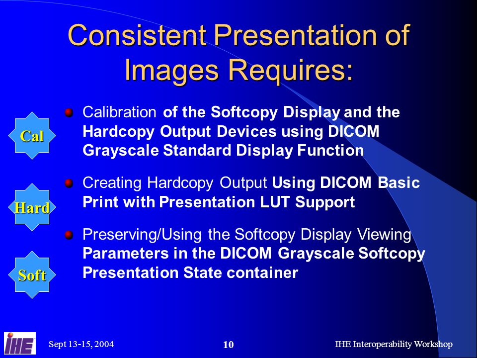 Sept 13-15, 2004IHE Interoperability Workshop 10 Consistent Presentation of Images Requires: Calibration of the Softcopy Display and the Hardcopy Output Devices using DICOM Grayscale Standard Display Function Creating Hardcopy Output Using DICOM Basic Print with Presentation LUT Support Preserving/Using the Softcopy Display Viewing Parameters in the DICOM Grayscale Softcopy Presentation State container Cal Hard Soft