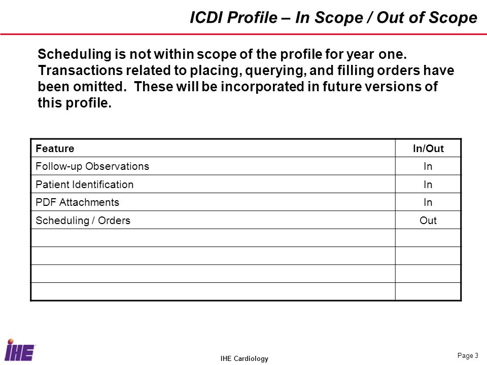 IHE Cardiology Page 3 ICDI Profile – In Scope / Out of Scope Scheduling is not within scope of the profile for year one.