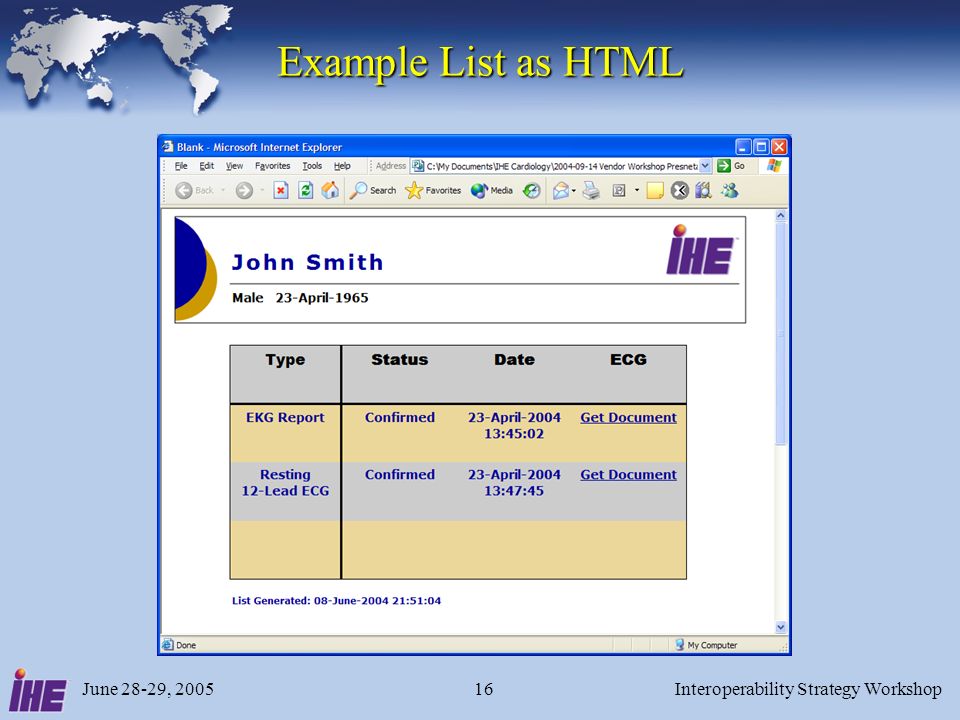 June 28-29, 2005Interoperability Strategy Workshop16 Example List as HTML