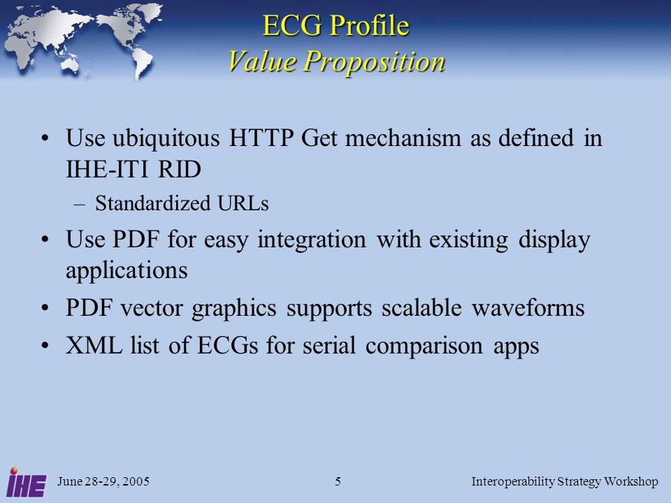 June 28-29, 2005Interoperability Strategy Workshop5 ECG Profile Value Proposition Use ubiquitous HTTP Get mechanism as defined in IHE-ITI RID –Standardized URLs Use PDF for easy integration with existing display applications PDF vector graphics supports scalable waveforms XML list of ECGs for serial comparison apps