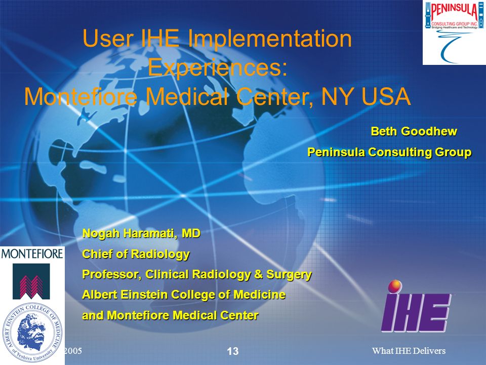 September, 2005What IHE Delivers 13 Nogah Haramati, MD Chief of Radiology Professor, Clinical Radiology & Surgery Albert Einstein College of Medicine and Montefiore Medical Center User IHE Implementation Experiences: Montefiore Medical Center, NY USA Beth Goodhew Peninsula Consulting Group