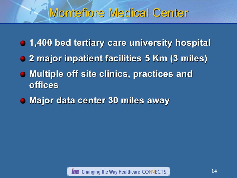 14 Montefiore Medical Center 1,400 bed tertiary care university hospital 2 major inpatient facilities 5 Km (3 miles) Multiple off site clinics, practices and offices Major data center 30 miles away