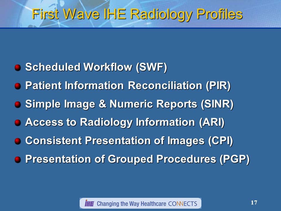 17 First Wave IHE Radiology Profiles Scheduled Workflow (SWF) Patient Information Reconciliation (PIR) Simple Image & Numeric Reports (SINR) Access to Radiology Information (ARI) Consistent Presentation of Images (CPI) Presentation of Grouped Procedures (PGP)
