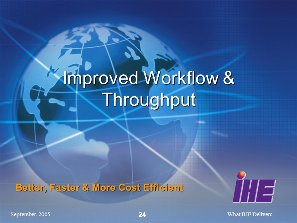 September, 2005What IHE Delivers 24 Improved Workflow & Throughput Better, Faster & More Cost Efficient