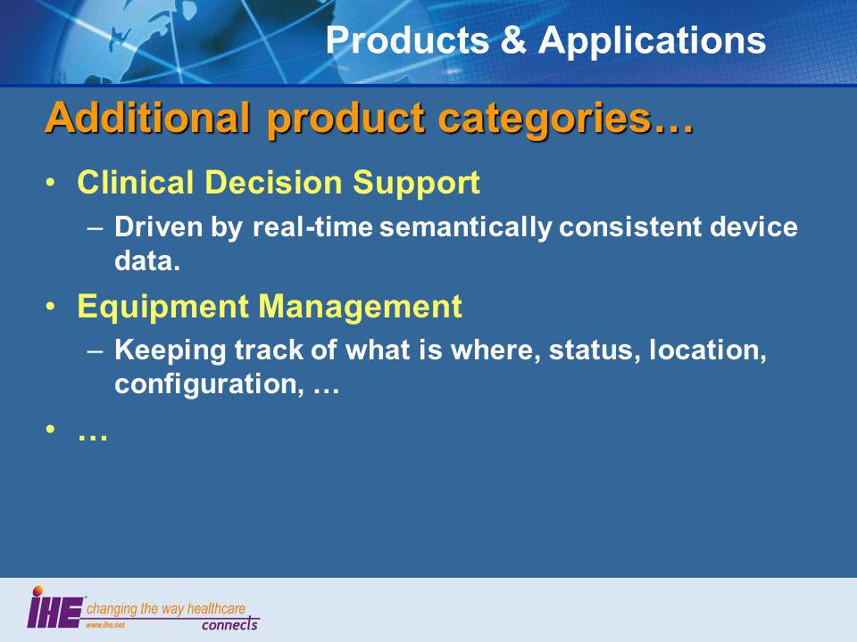 Products & Applications Additional product categories… Clinical Decision Support –Driven by real-time semantically consistent device data.