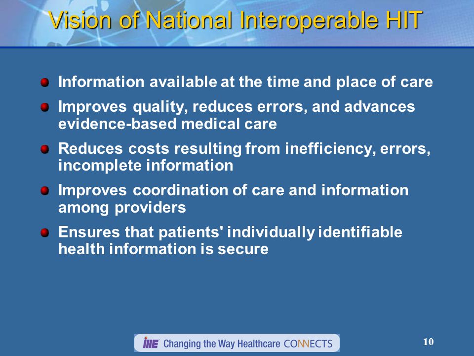 10 Vision of National Interoperable HIT Information available at the time and place of care Improves quality, reduces errors, and advances evidence-based medical care Reduces costs resulting from inefficiency, errors, incomplete information Improves coordination of care and information among providers Ensures that patients individually identifiable health information is secure