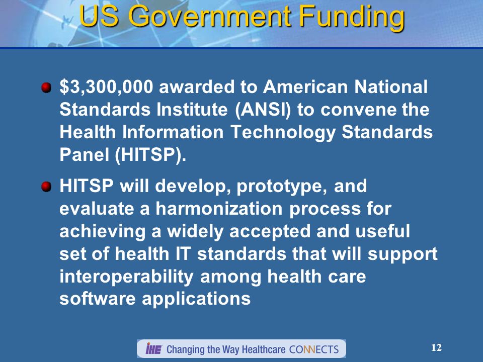12 US Government Funding $3,300,000 awarded to American National Standards Institute (ANSI) to convene the Health Information Technology Standards Panel (HITSP).