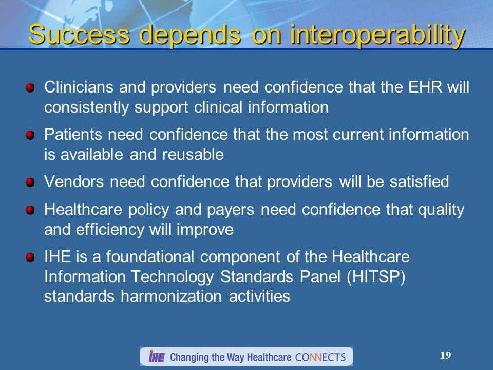 19 Success depends on interoperability Clinicians and providers need confidence that the EHR will consistently support clinical information Patients need confidence that the most current information is available and reusable Vendors need confidence that providers will be satisfied Healthcare policy and payers need confidence that quality and efficiency will improve IHE is a foundational component of the Healthcare Information Technology Standards Panel (HITSP) standards harmonization activities