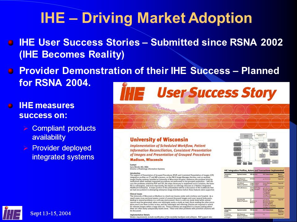 Sept 13-15, 2004IHE Interoperability Workshop 23 IHE – Driving Market Adoption IHE User Success Stories – Submitted since RSNA 2002 (IHE Becomes Reality) Provider Demonstration of their IHE Success – Planned for RSNA 2004.