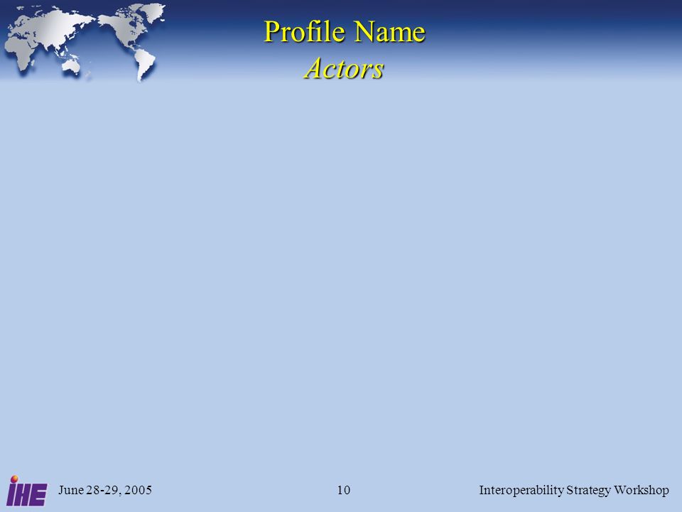 June 28-29, 2005Interoperability Strategy Workshop10 Profile Name Actors