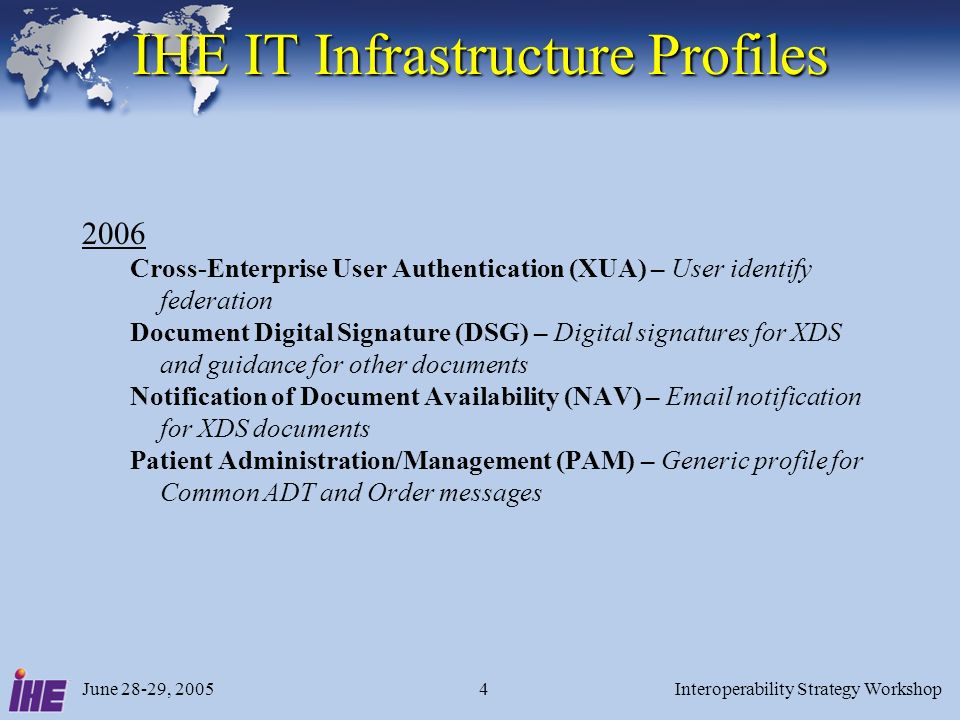 June 28-29, 2005Interoperability Strategy Workshop Cross-Enterprise User Authentication (XUA) – User identify federation Document Digital Signature (DSG) – Digital signatures for XDS and guidance for other documents Notification of Document Availability (NAV) –  notification for XDS documents Patient Administration/Management (PAM) – Generic profile for Common ADT and Order messages IHE IT Infrastructure Profiles