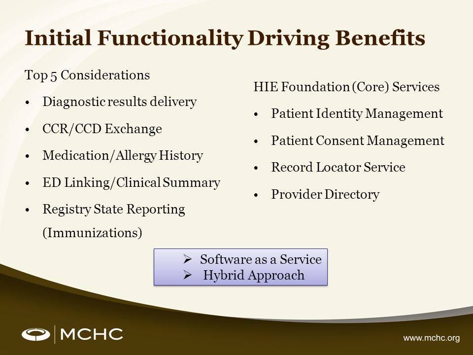 Initial Functionality Driving Benefits Top 5 Considerations Diagnostic results delivery CCR/CCD Exchange Medication/Allergy History ED Linking/Clinical Summary Registry State Reporting (Immunizations) HIE Foundation (Core) Services Patient Identity Management Patient Consent Management Record Locator Service Provider Directory Software as a Service Hybrid Approach Software as a Service Hybrid Approach