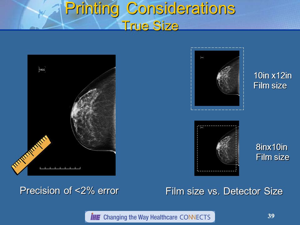 39 Printing Considerations True Size Precision of <2% error 10in x12in Film size 8inx10in Film size vs.