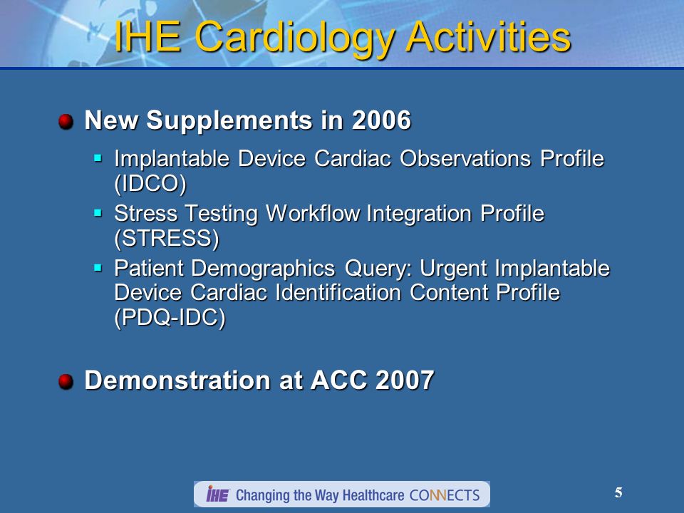 5 IHE Cardiology Activities New Supplements in 2006 Implantable Device Cardiac Observations Profile (IDCO) Implantable Device Cardiac Observations Profile (IDCO) Stress Testing Workflow Integration Profile (STRESS) Stress Testing Workflow Integration Profile (STRESS) Patient Demographics Query: Urgent Implantable Device Cardiac Identification Content Profile (PDQ-IDC) Patient Demographics Query: Urgent Implantable Device Cardiac Identification Content Profile (PDQ-IDC) Demonstration at ACC 2007