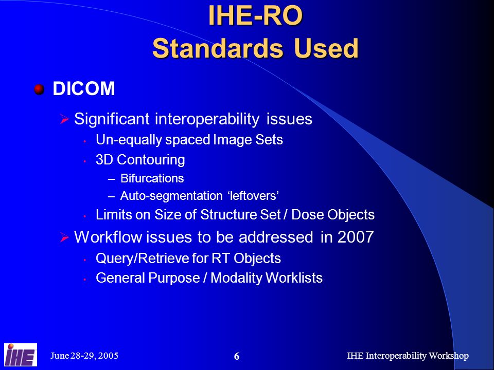 June 28-29, 2005IHE Interoperability Workshop 6 IHE-RO Standards Used DICOM Significant interoperability issues Un-equally spaced Image Sets 3D Contouring –Bifurcations –Auto-segmentation leftovers Limits on Size of Structure Set / Dose Objects Workflow issues to be addressed in 2007 Query/Retrieve for RT Objects General Purpose / Modality Worklists