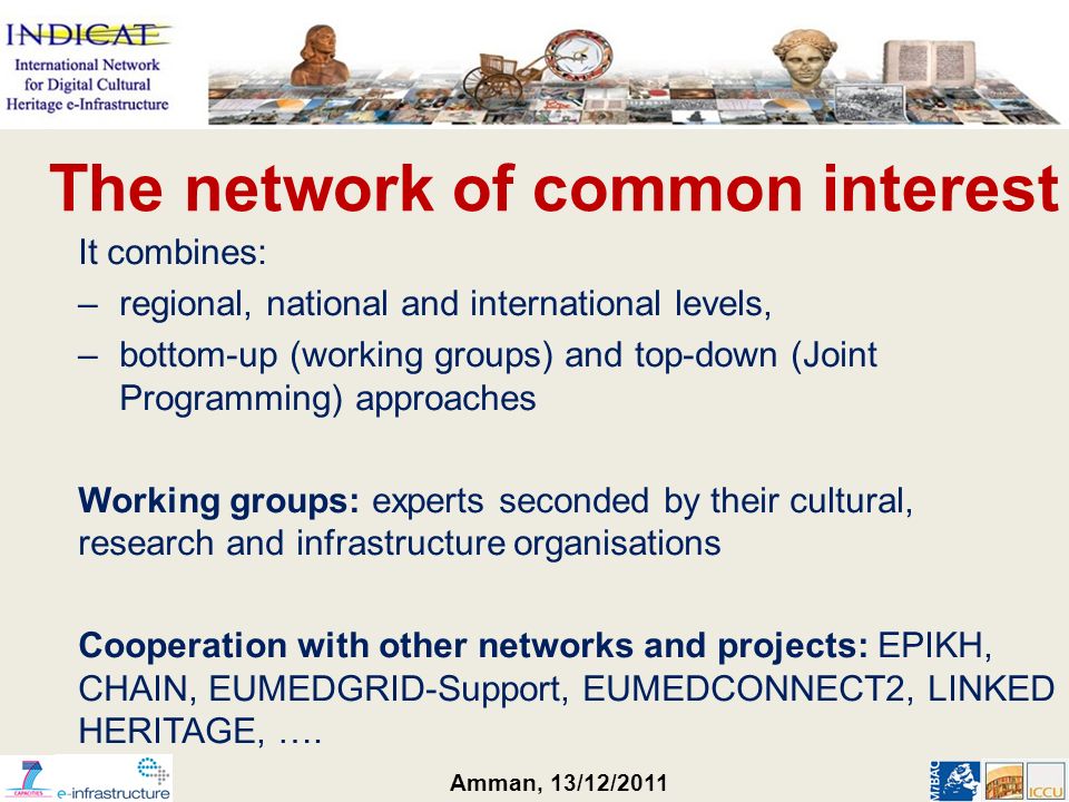 Amman, 13/12/2011 The network of common interest It combines: –regional, national and international levels, –bottom-up (working groups) and top-down (Joint Programming) approaches Working groups: experts seconded by their cultural, research and infrastructure organisations Cooperation with other networks and projects: EPIKH, CHAIN, EUMEDGRID-Support, EUMEDCONNECT2, LINKED HERITAGE, ….
