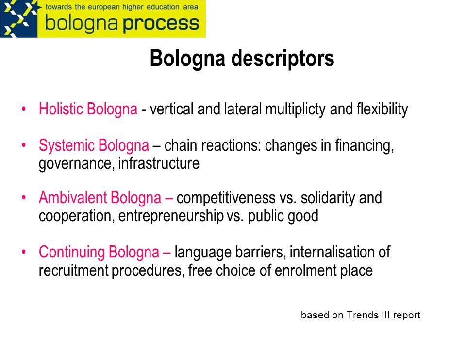 Bologna descriptors Holistic Bologna - vertical and lateral multiplicty and flexibility Systemic Bologna – chain reactions: changes in financing, governance, infrastructure Ambivalent Bologna – competitiveness vs.