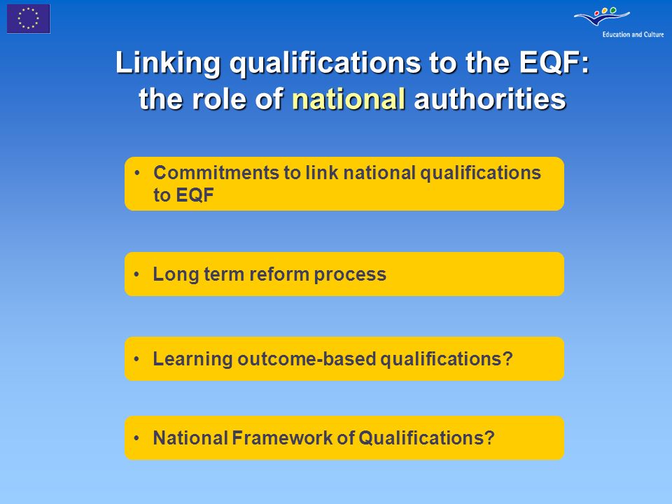 Linking qualifications to the EQF: the role of national authorities Commitments to link national qualifications to EQF Long term reform process Learning outcome-based qualifications.