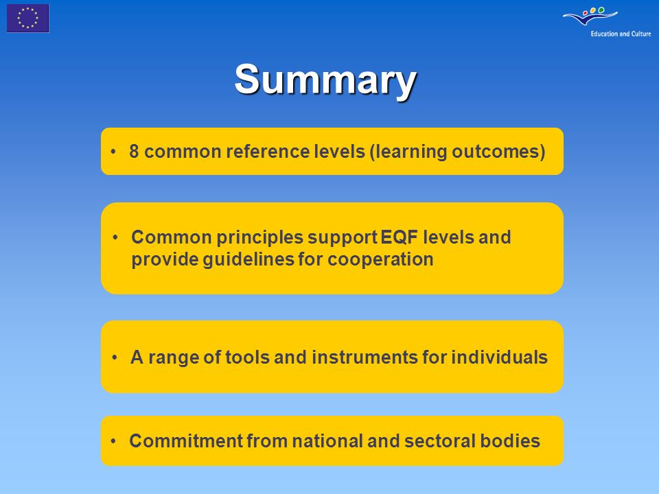 Summary 8 common reference levels (learning outcomes) Common principles support EQF levels and provide guidelines for cooperation A range of tools and instruments for individuals Commitment from national and sectoral bodies