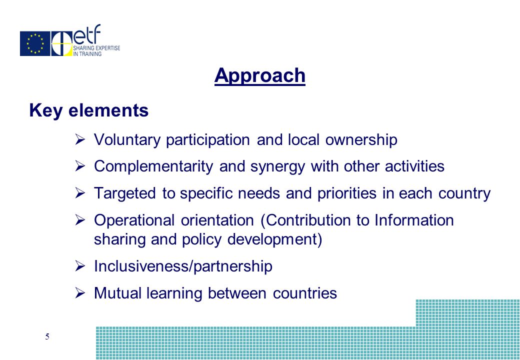 5 Key elements Voluntary participation and local ownership Complementarity and synergy with other activities Targeted to specific needs and priorities in each country Operational orientation (Contribution to Information sharing and policy development) Inclusiveness/partnership Mutual learning between countries Approach