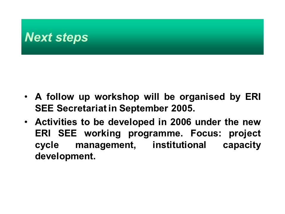 Next steps A follow up workshop will be organised by ERI SEE Secretariat in September 2005.