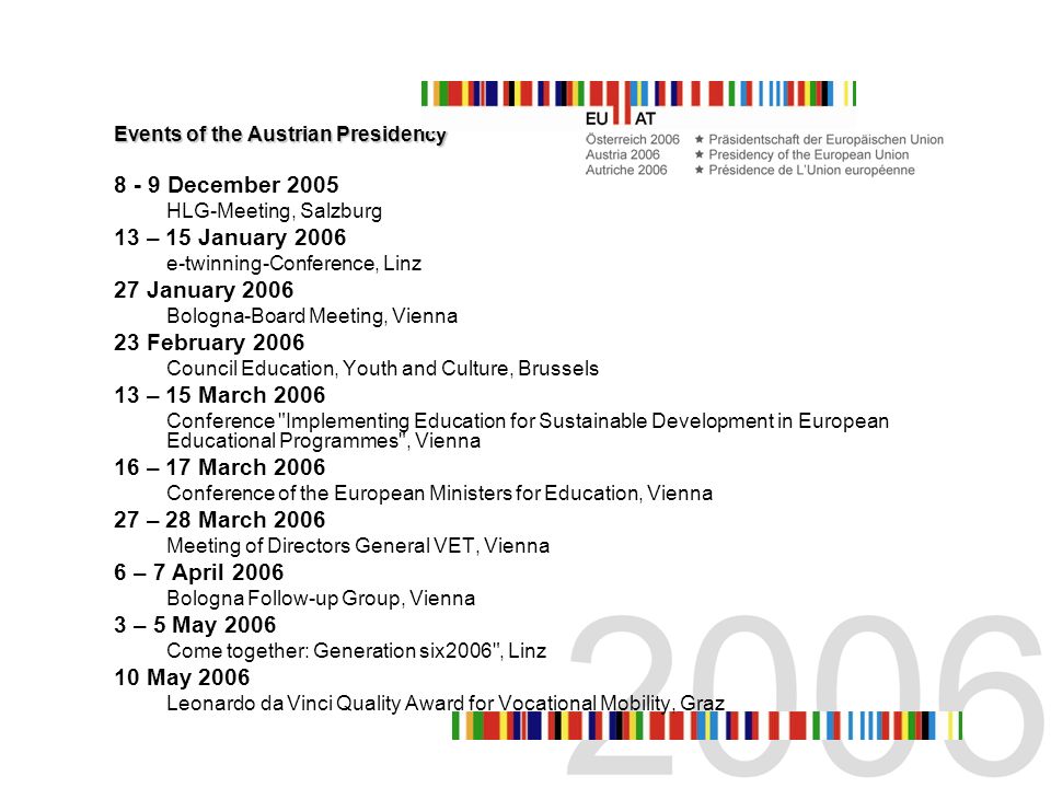 Events of the Austrian Presidency December 2005 HLG-Meeting, Salzburg 13 – 15 January 2006 e-twinning-Conference, Linz 27 January 2006 Bologna-Board Meeting, Vienna 23 February 2006 Council Education, Youth and Culture, Brussels 13 – 15 March 2006 Conference Implementing Education for Sustainable Development in European Educational Programmes , Vienna 16 – 17 March 2006 Conference of the European Ministers for Education, Vienna 27 – 28 March 2006 Meeting of Directors General VET, Vienna 6 – 7 April 2006 Bologna Follow-up Group, Vienna 3 – 5 May 2006 Come together: Generation six2006 , Linz 10 May 2006 Leonardo da Vinci Quality Award for Vocational Mobility, Graz