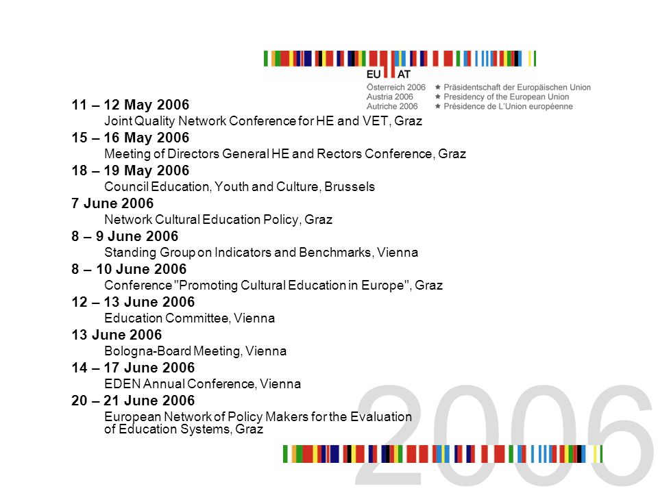11 – 12 May 2006 Joint Quality Network Conference for HE and VET, Graz 15 – 16 May 2006 Meeting of Directors General HE and Rectors Conference, Graz 18 – 19 May 2006 Council Education, Youth and Culture, Brussels 7 June 2006 Network Cultural Education Policy, Graz 8 – 9 June 2006 Standing Group on Indicators and Benchmarks, Vienna 8 – 10 June 2006 Conference Promoting Cultural Education in Europe , Graz 12 – 13 June 2006 Education Committee, Vienna 13 June 2006 Bologna-Board Meeting, Vienna 14 – 17 June 2006 EDEN Annual Conference, Vienna 20 – 21 June 2006 European Network of Policy Makers for the Evaluation of Education Systems, Graz