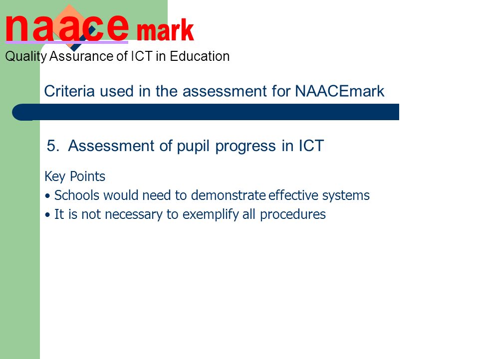 Quality Assurance of ICT in Education Criteria used in the assessment for NAACEmark 5.
