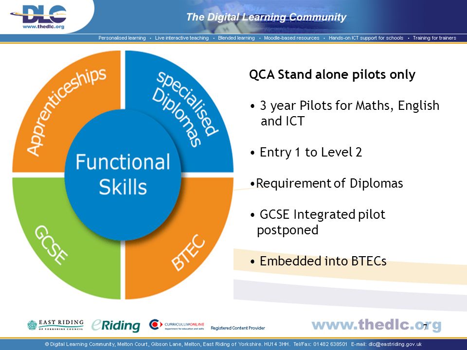 7 QCA Stand alone pilots only 3 year Pilots for Maths, English and ICT Entry 1 to Level 2 Requirement of Diplomas GCSE Integrated pilot postponed Embedded into BTECs