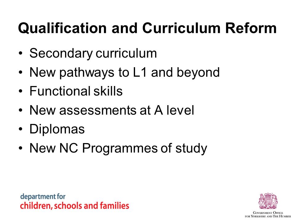 Qualification and Curriculum Reform Secondary curriculum New pathways to L1 and beyond Functional skills New assessments at A level Diplomas New NC Programmes of study