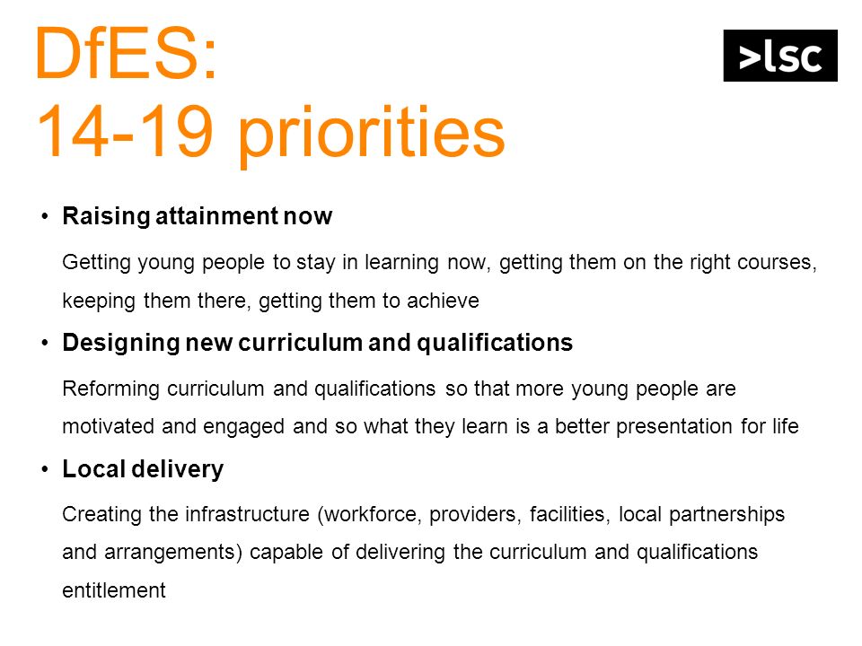 DfES: priorities Raising attainment now Getting young people to stay in learning now, getting them on the right courses, keeping them there, getting them to achieve Designing new curriculum and qualifications Reforming curriculum and qualifications so that more young people are motivated and engaged and so what they learn is a better presentation for life Local delivery Creating the infrastructure (workforce, providers, facilities, local partnerships and arrangements) capable of delivering the curriculum and qualifications entitlement