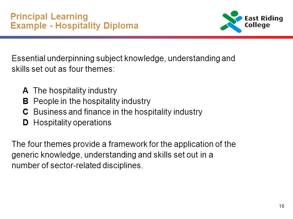 16 Principal Learning Example - Hospitality Diploma Essential underpinning subject knowledge, understanding and skills set out as four themes: A The hospitality industry B People in the hospitality industry C Business and finance in the hospitality industry D Hospitality operations The four themes provide a framework for the application of the generic knowledge, understanding and skills set out in a number of sector-related disciplines.