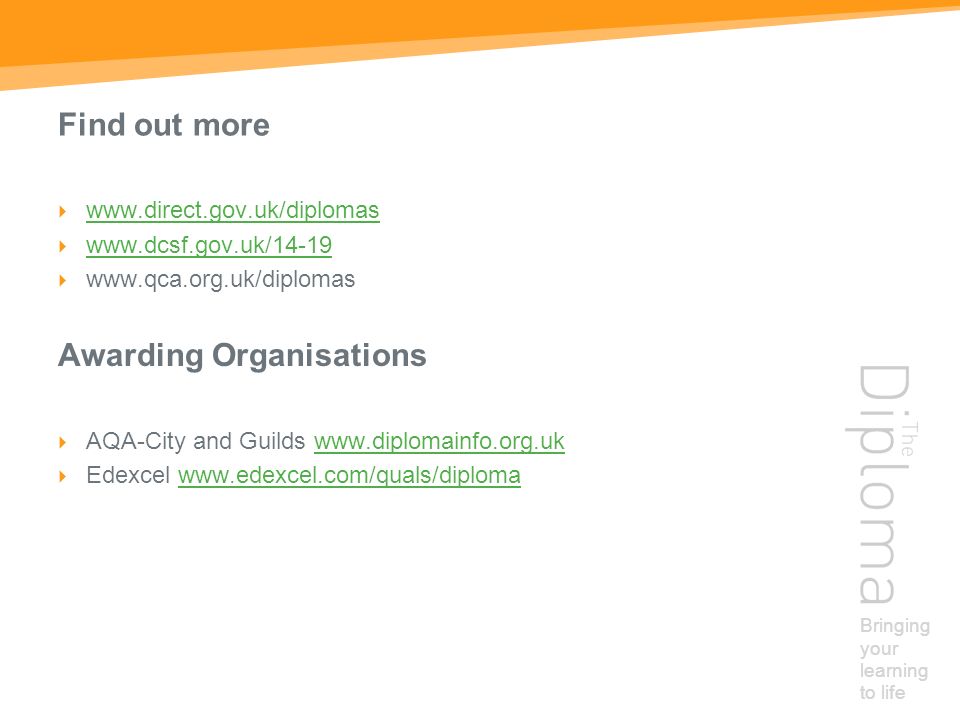 Bringing your learning to life Find out more Awarding Organisations AQA-City and Guilds   Edexcel