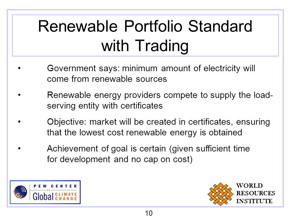 Renewable Portfolio Standard with Trading Government says: minimum amount of electricity will come from renewable sources Renewable energy providers compete to supply the load- serving entity with certificates Objective: market will be created in certificates, ensuring that the lowest cost renewable energy is obtained Achievement of goal is certain (given sufficient time for development and no cap on cost) 10 WORLD RESOURCES INSTITUTE