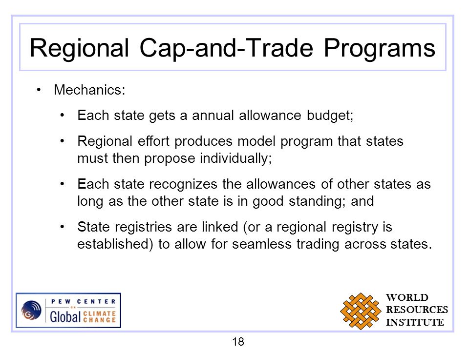 Regional Cap-and-Trade Programs Mechanics: Each state gets a annual allowance budget; Regional effort produces model program that states must then propose individually; Each state recognizes the allowances of other states as long as the other state is in good standing; and State registries are linked (or a regional registry is established) to allow for seamless trading across states.