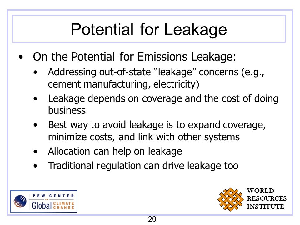Potential for Leakage On the Potential for Emissions Leakage: Addressing out-of-state leakage concerns (e.g., cement manufacturing, electricity) Leakage depends on coverage and the cost of doing business Best way to avoid leakage is to expand coverage, minimize costs, and link with other systems Allocation can help on leakage Traditional regulation can drive leakage too 20 WORLD RESOURCES INSTITUTE