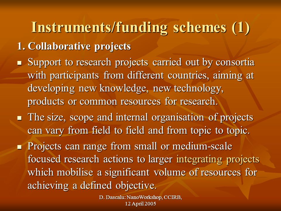 D. Dascalu: NanoWorkshop, CCIRB, 12 April 2005 Instruments/funding schemes (1) 1.