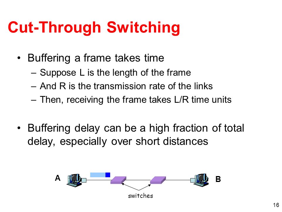 16 Cut-Through Switching Buffering a frame takes time –Suppose L is the length of the frame –And R is the transmission rate of the links –Then, receiving the frame takes L/R time units Buffering delay can be a high fraction of total delay, especially over short distances A B switches
