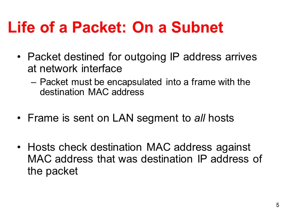 5 Life of a Packet: On a Subnet Packet destined for outgoing IP address arrives at network interface –Packet must be encapsulated into a frame with the destination MAC address Frame is sent on LAN segment to all hosts Hosts check destination MAC address against MAC address that was destination IP address of the packet