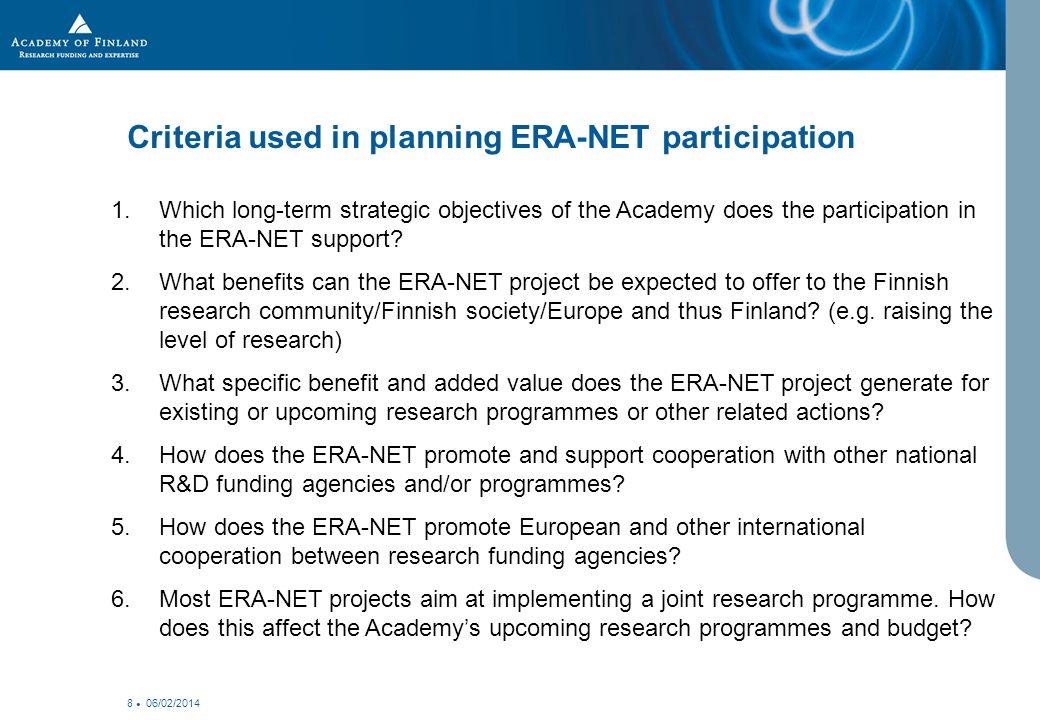 06/02/ Which long-term strategic objectives of the Academy does the participation in the ERA-NET support.