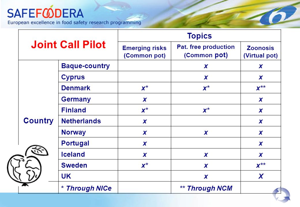 Joint Call Pilot Topics Emerging risks (Common pot) Pat.