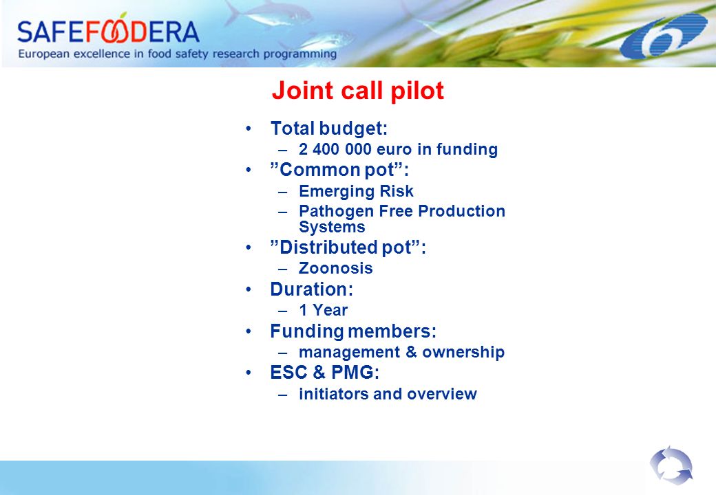 Joint call pilot Total budget: – euro in funding Common pot: –Emerging Risk –Pathogen Free Production Systems Distributed pot: –Zoonosis Duration: –1 Year Funding members: –management & ownership ESC & PMG: –initiators and overview