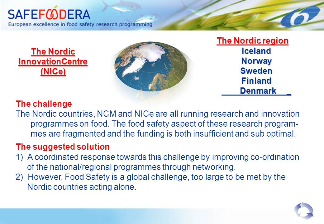 The Nordic InnovationCentre (NICe) The Nordic region The Nordic regionIcelandNorwaySwedenFinland Denmark _ Denmark _ The challenge The Nordic countries, NCM and NICe are all running research and innovation programmes on food.