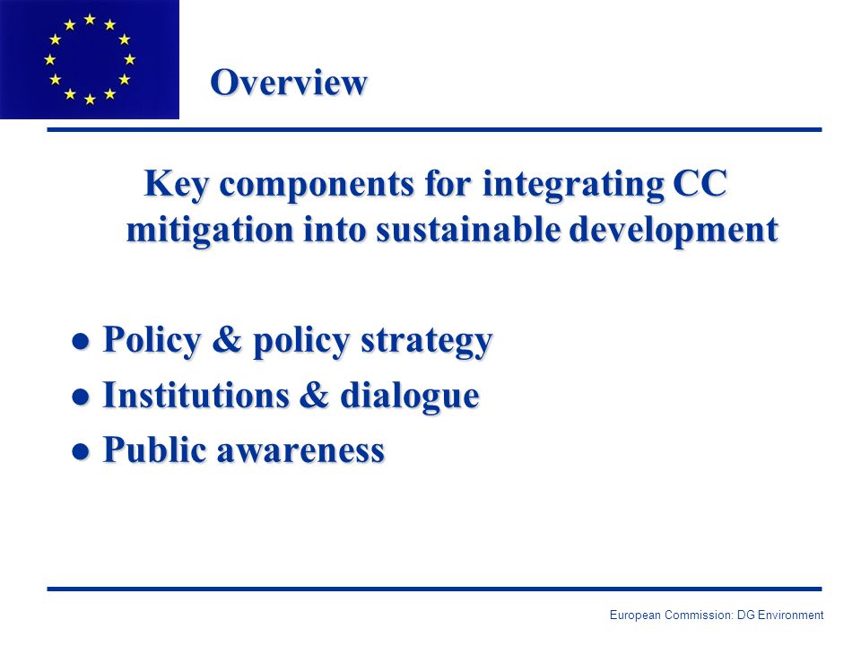 European Commission: DG Environment Overview Key components for integrating CC mitigation into sustainable development l Policy & policy strategy l Institutions & dialogue l Public awareness