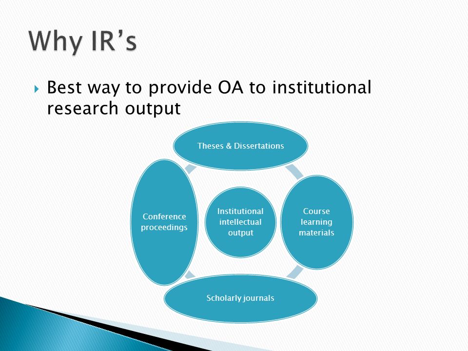 Best way to provide OA to institutional research output Institutional intellectual output Theses & Dissertations Course learning materials Scholarly journals Conference proceedings