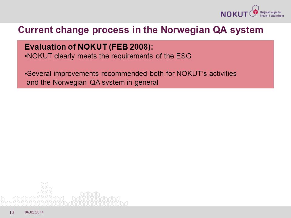 | 2 Current change process in the Norwegian QA system Evaluation of NOKUT (FEB 2008): NOKUT clearly meets the requirements of the ESG Several improvements recommended both for NOKUTs activities and the Norwegian QA system in general