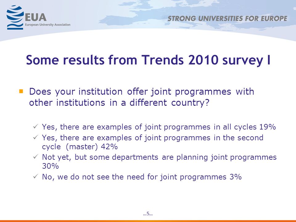 …5… Some results from Trends 2010 survey I Does your institution offer joint programmes with other institutions in a different country.