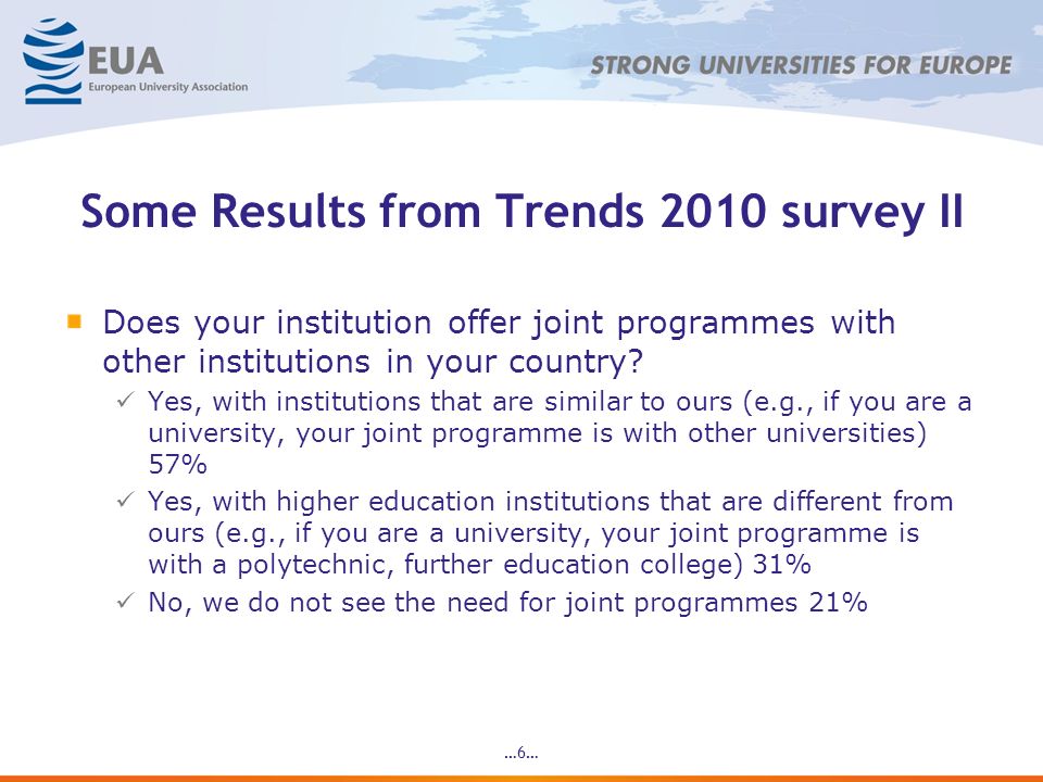 …6… Some Results from Trends 2010 survey II Does your institution offer joint programmes with other institutions in your country.