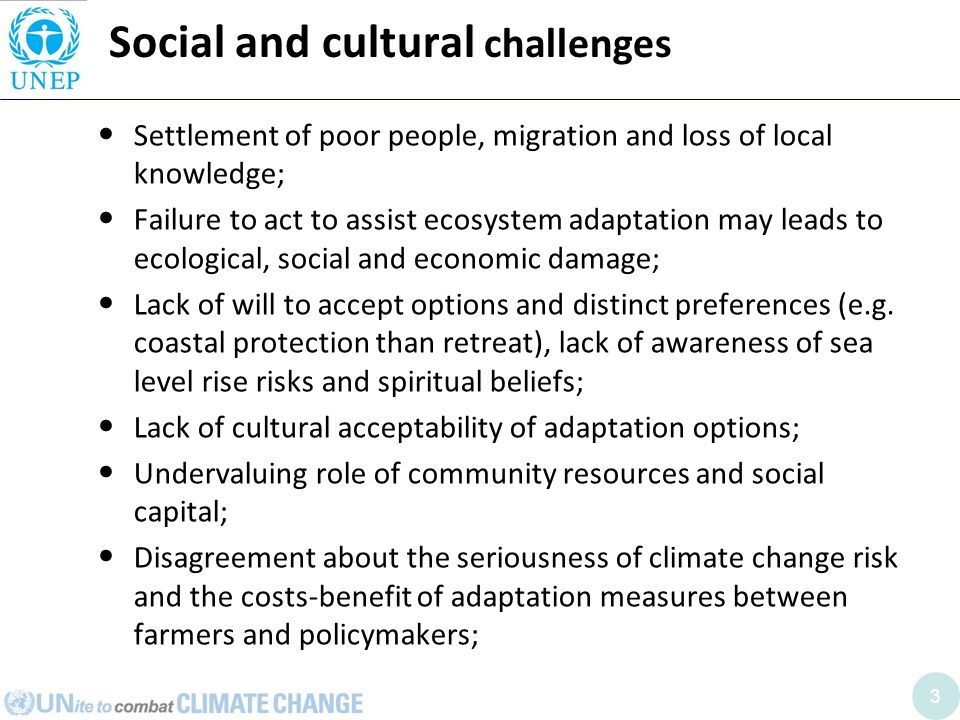 3 Social and cultural challenges Settlement of poor people, migration and loss of local knowledge; Failure to act to assist ecosystem adaptation may leads to ecological, social and economic damage; Lack of will to accept options and distinct preferences (e.g.